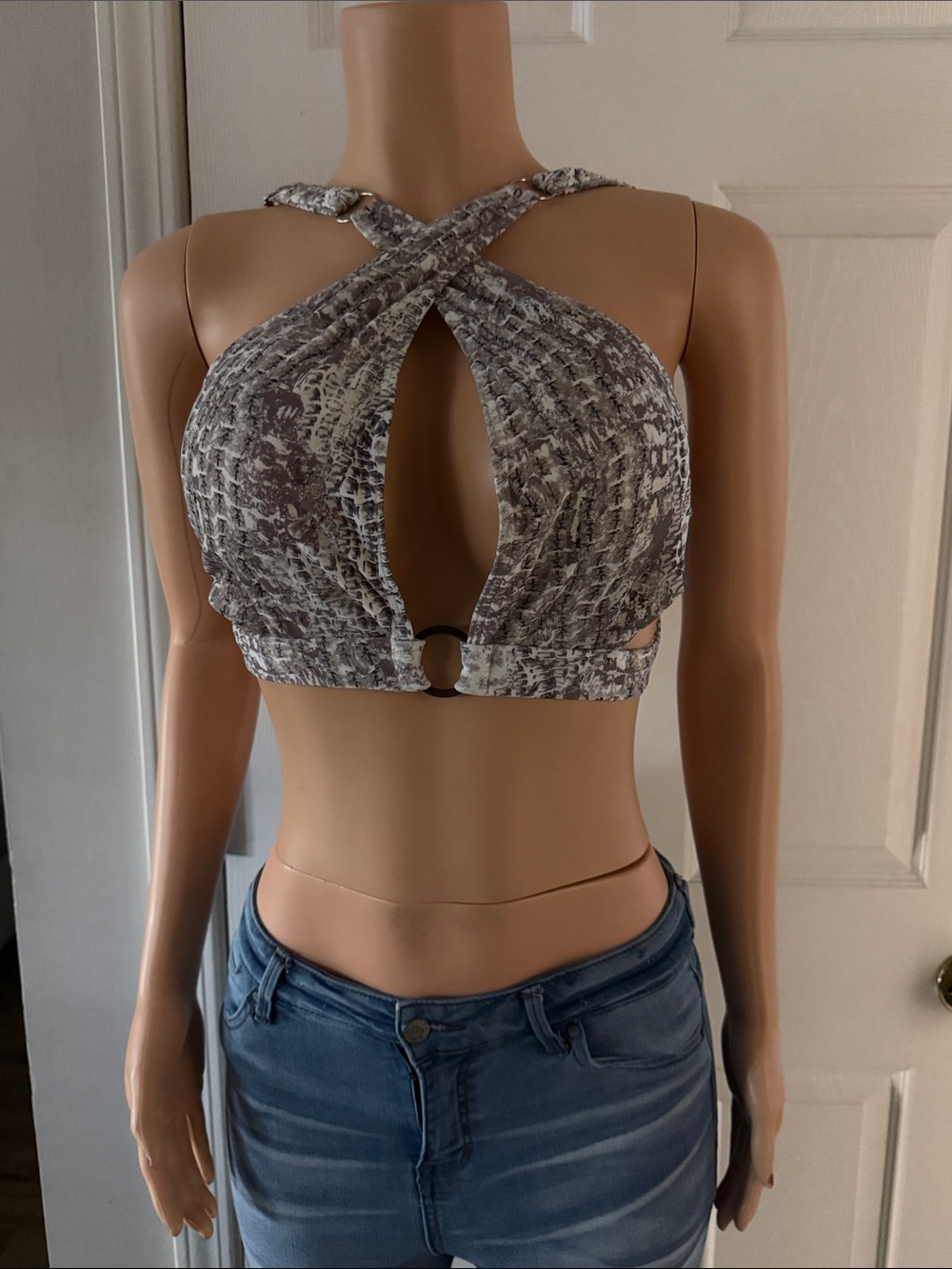 NWT Icon Swim Cross-Front Ring Detail Crop Top - Gray Animal Print